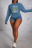 Blue Street Party Print Patchwork Letter O Neck Tops