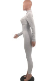 Grey Casual Solid Patchwork Turtleneck Regular Jumpsuits