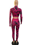 Red Casual Camouflage Print Patchwork Zipper Zipper Collar Long Sleeve Two Pieces