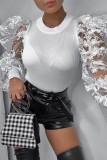 White Fashion Casual Patchwork See-through O Neck Tops