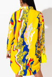 Yellow Fashion Casual Print Basic Turndown Collar Shirt Dress (Without Belt)
