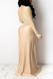 Apricot Elegant Patchwork O Neck Loose Jumpsuits