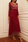 Red Fashion Sexy Patchwork V Neck Long Sleeve Evening Dress