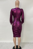 Red Fashion Sexy Solid Fold V Neck Long Sleeve Dresses