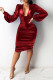 Red Fashion Sexy Solid Fold V Neck Long Sleeve Dresses