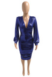 Red Fashion Sexy Solid Fold V Neck Long Sleeve Dresses