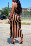 Black Brown Sexy Striped Print Tassel Patchwork Strapless One Step Skirt Dresses