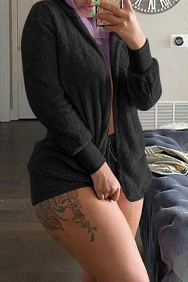 Black Fashion Casual Solid Basic Hooded Collar Long Sleeve Two Pieces