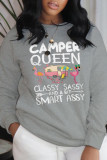 Grey Casual Daily Print Patchwork Letter O Neck Tops