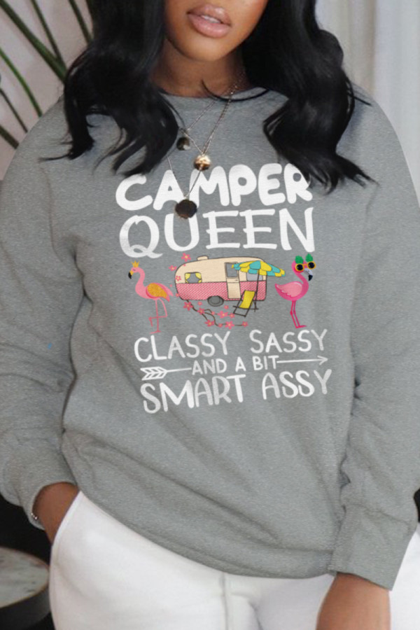 Grey Casual Daily Print Patchwork Letter O Neck Tops