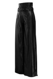 Black Fashion Casual Adult Faux Leather Solid Pants With Belt Straight Bottoms