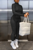 Grey Casual Solid Patchwork Turtleneck Regular Jumpsuits