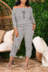 Grey Casual Print Patchwork Off the Shoulder Long Sleeve Two Pieces