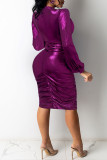 Red Fashion Sexy Solid Fold V Neck Long Sleeve Dresses