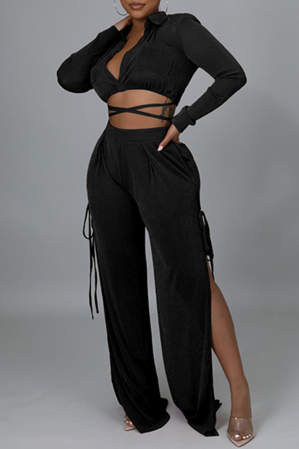 Black Sexy Solid Patchwork Frenulum Slit V Neck Long Sleeve Two Pieces