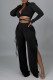 Black Sexy Solid Patchwork Frenulum Slit V Neck Long Sleeve Two Pieces