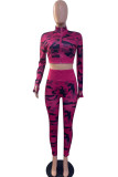 Red Casual Camouflage Print Patchwork Zipper Zipper Collar Long Sleeve Two Pieces