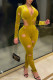 Yellow Sexy Print Ripped Patchwork Backless Zipper Collar Regular Jumpsuits