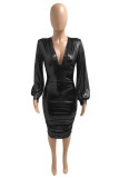 Red Fashion Sexy Solid Fold V Neck Long Sleeve Dresses