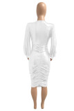 Red Fashion Sexy Solid Fold V Neck Long Sleeve Dresses