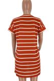 Red V Neck Short Sleeve Striped Print Patchwork Tees & T-shirts