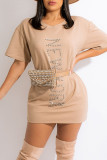 Apricot Casual Solid Patchwork Hot Drill O Neck T-shirt Dress Dresses