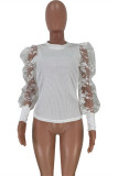 White Fashion Casual Patchwork See-through O Neck Tops