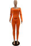 Orange Casual Sportswear Solid Patchwork U Neck Long Sleeve Two Pieces
