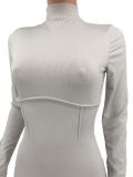 Grey Casual Solid Patchwork Turtleneck Regular Jumpsuits