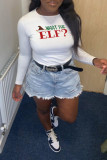 White Casual Party Print Patchwork Letter O Neck Tops