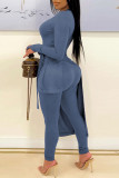 Blue Casual Print Frenulum Asymmetrical O Neck Long Sleeve Two Pieces