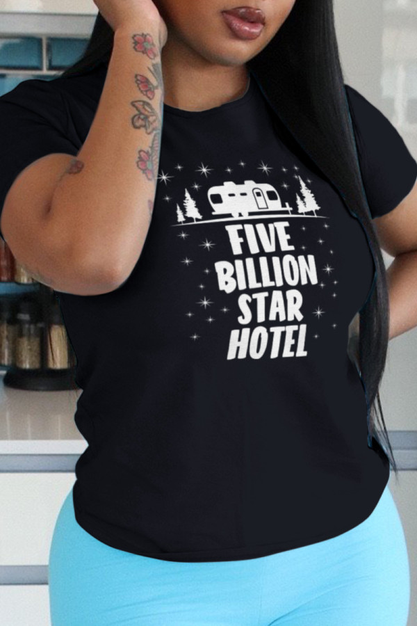 Black Casual Vintage Print Patchwork Letter O Neck T-Shirts