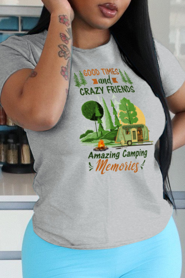 Grey Casual Vintage Print Patchwork O Neck T-Shirts