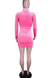 Pink Sexy Solid Hollowed Out Patchwork O Neck Pencil Skirt Dresses