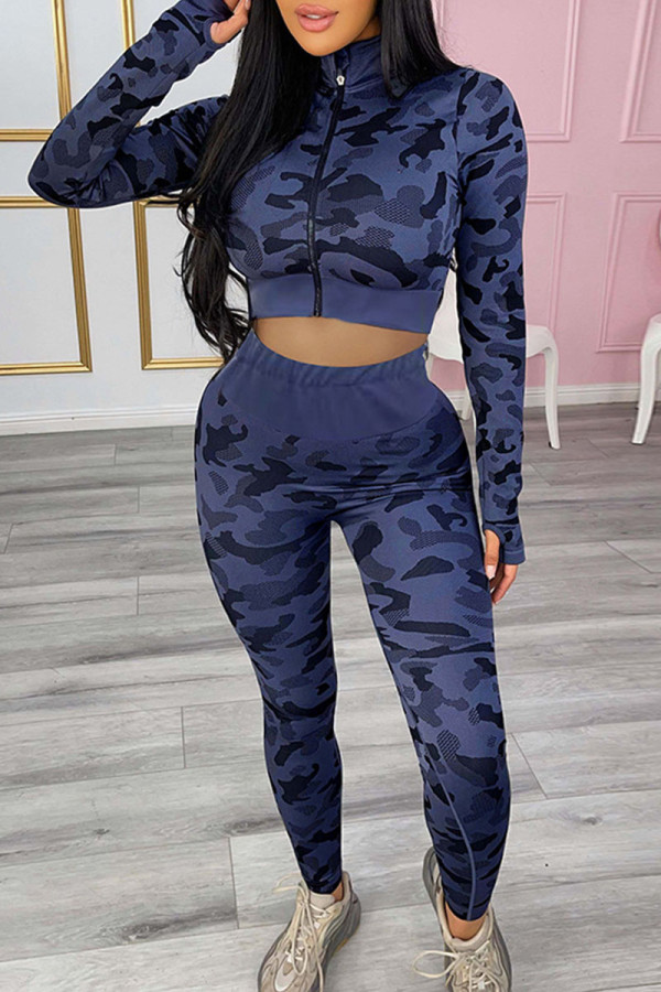 Black Casual Camouflage Print Patchwork Zipper Zipper Collar Long Sleeve Two Pieces