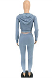 Blue Casual Sportswear Solid Split Joint Draw String Hooded Collar Long Sleeve Two Pieces