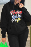 Black Fashion Casual Print Basic Hooded Collar Tops