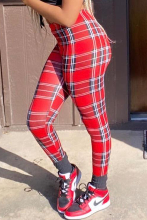 Red Casual Plaid Patchwork Skinny High Waist Pencil Full Print Bottoms
