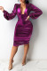 Purple Fashion Sexy Solid Fold V Neck Long Sleeve Dresses