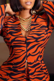 Tangerine Red Fashion Print Patchwork Zipper V Neck Long Sleeve Two Pieces