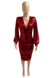 Red Fashion Sexy Solid Fold V Neck Long Sleeve Dresses