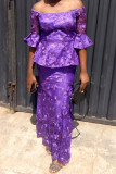 Purple Sweet Elegant Solid Embroidered Patchwork See-through Off the Shoulder Dresses