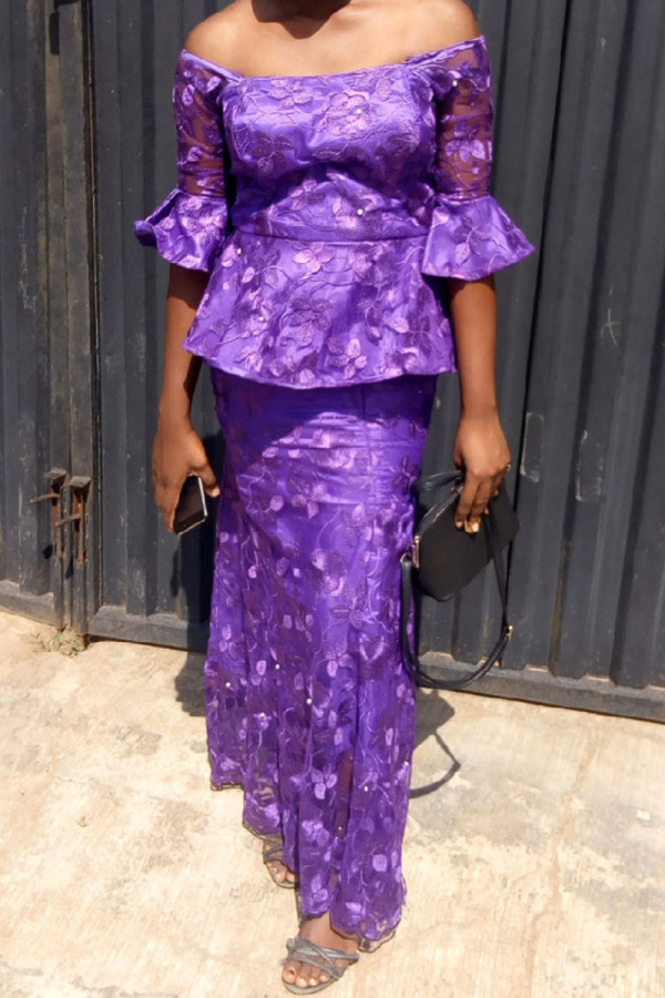 Purple Sweet Elegant Solid Embroidered Patchwork See-through Off the Shoulder Dresses