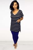 Royal blue V Neck Short Sleeve Striped Print Patchwork Tees & T-shirts