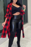 Red Fashion Casual Plaid Solid Cardigan Turndown Collar Outerwear