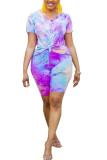 Orange Spandex Fashion Casual adult Ma'am Print Tie Dye Two Piece Suits Straight Short Sleeve Two Pieces