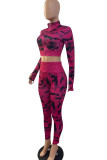 Red Casual Camouflage Print Patchwork Zipper Zipper Collar Long Sleeve Two Pieces