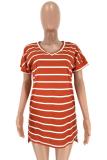 Orange V Neck Short Sleeve Striped Print Patchwork Tees & T-shirts