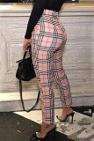 Khaki Casual Plaid Striped Print Patchwork Regular High Waist Pencil Full Print Bottoms