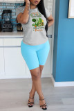 Grey Casual Vintage Print Patchwork O Neck T-Shirts